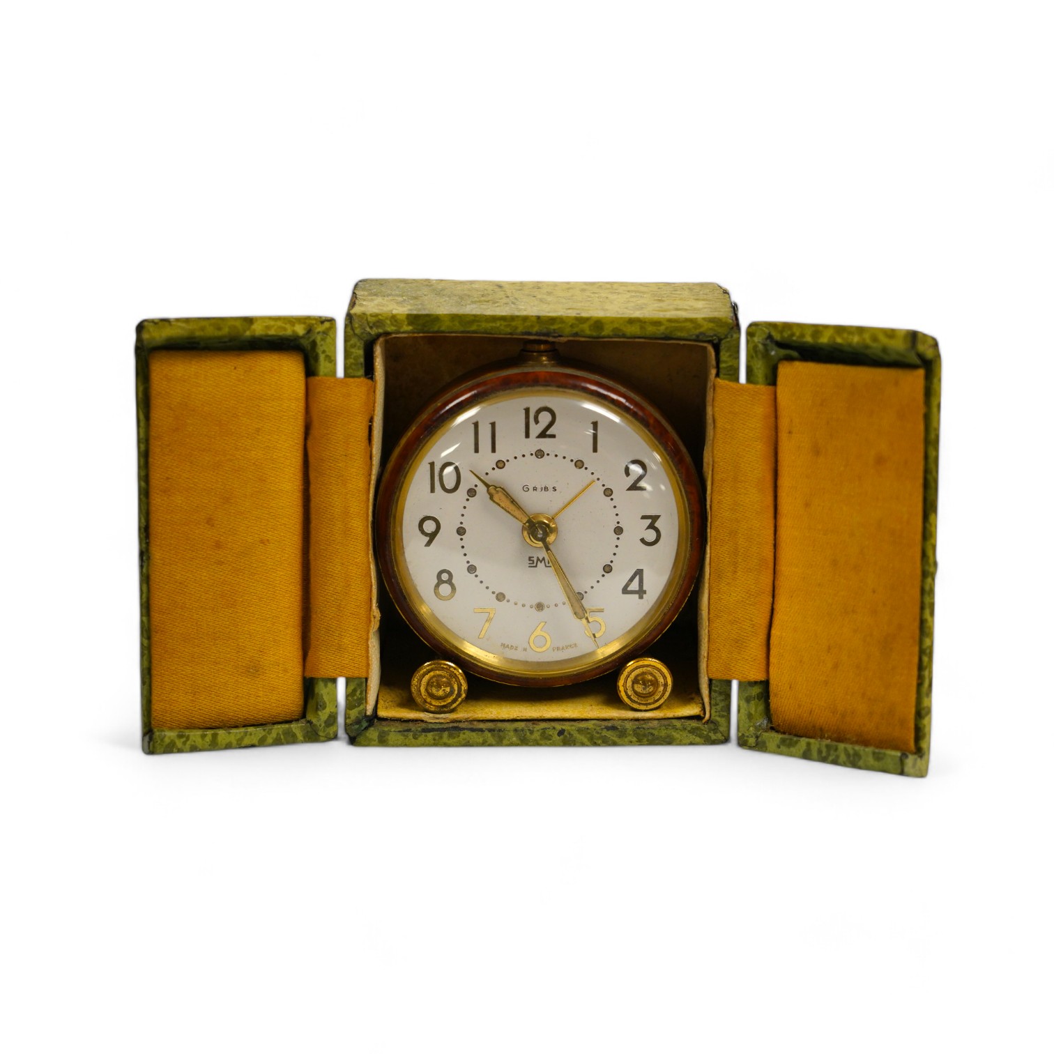 An Art Deco boxed SML enamelled alarm clock, 5.2cm diameter face. Condition - fair